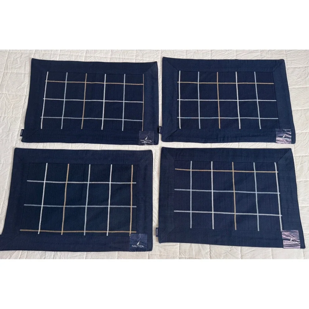 Nautica Navy Blue‎ Windowpane Cotton Placemats Set of 4 Herringbone Compound